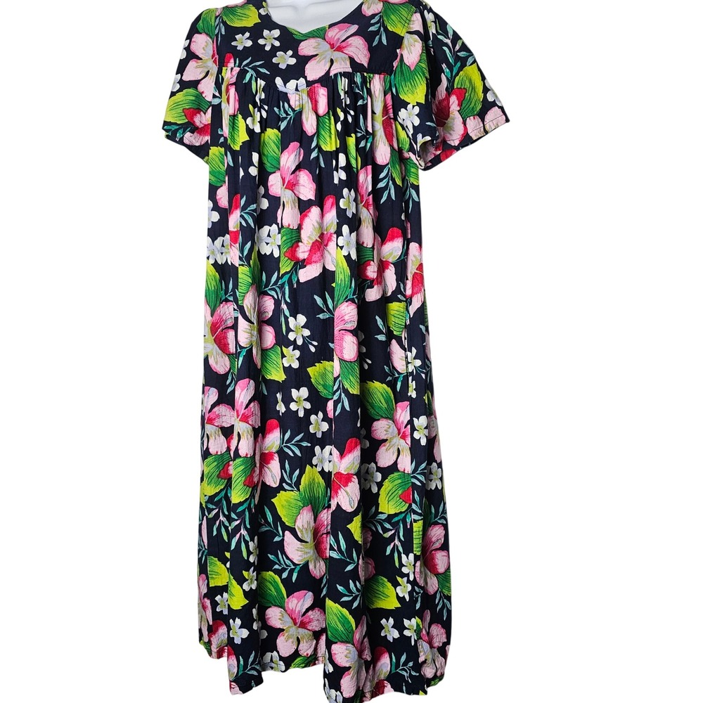 Phases Floral Print Muumuu Dress Navy Blue Pink Green‎ White Short Sleeve Size M